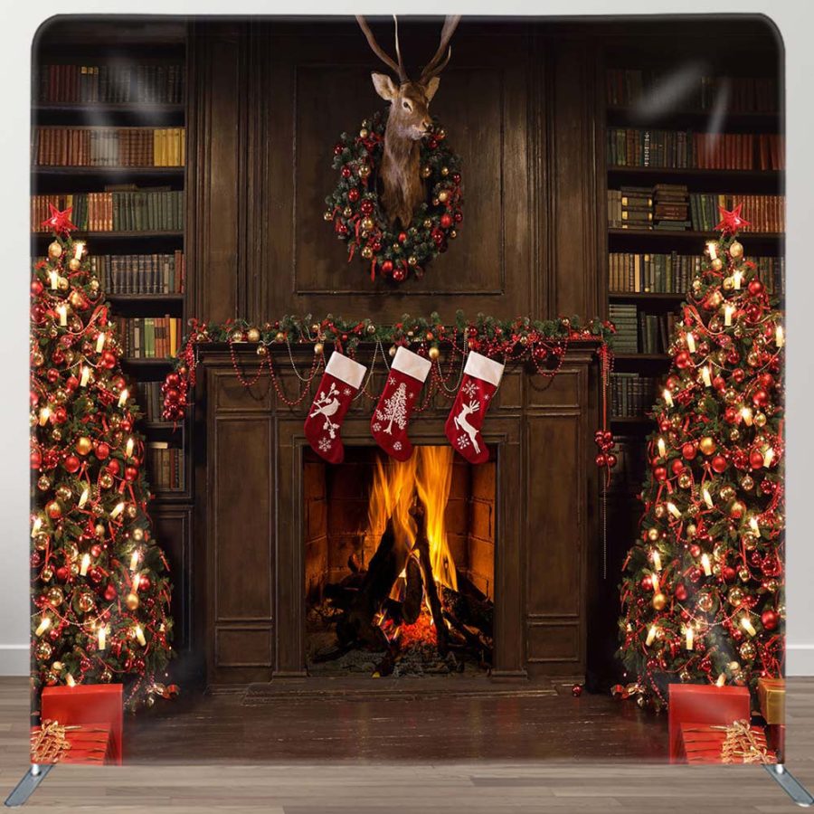 Brown Vintage Bookshelf Christmas Fireplace Backdrop - Aperturee