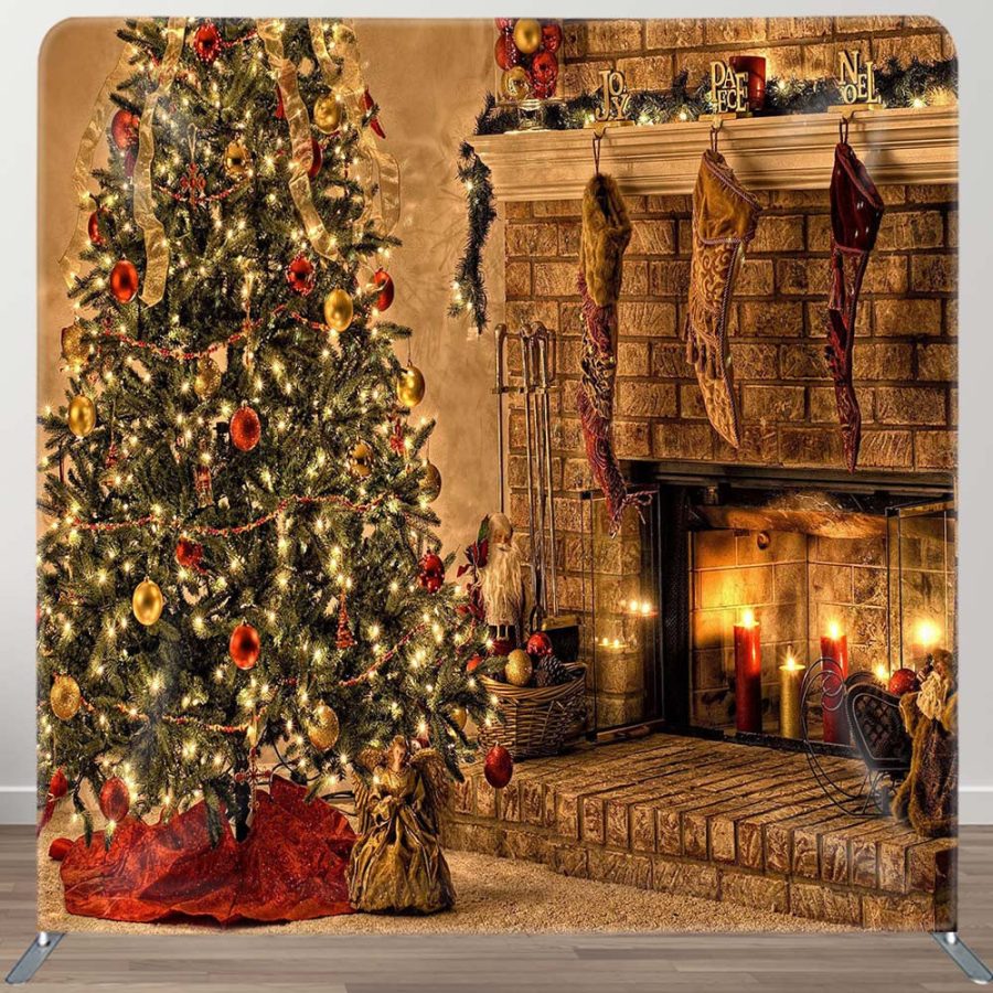 Christmas Tree Fireplace Candles Tension Fabric Backdrop - Aperturee