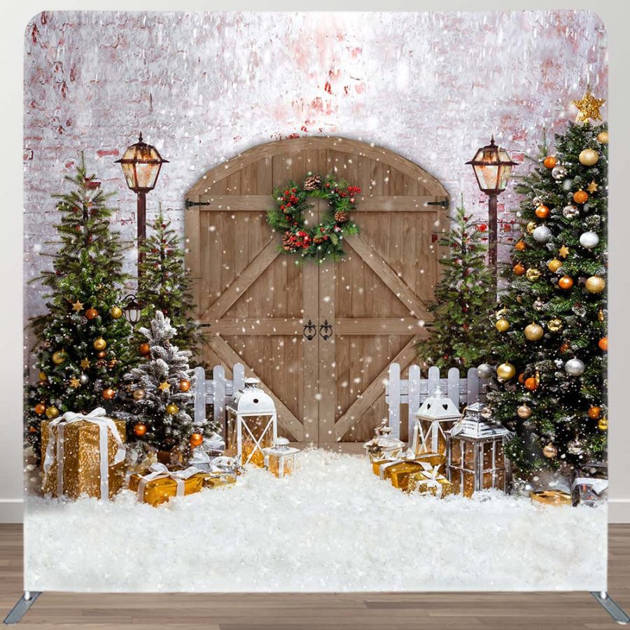 Christmas Tree Wreath Brown Gate Pillow Case Backdrop - Aperturee