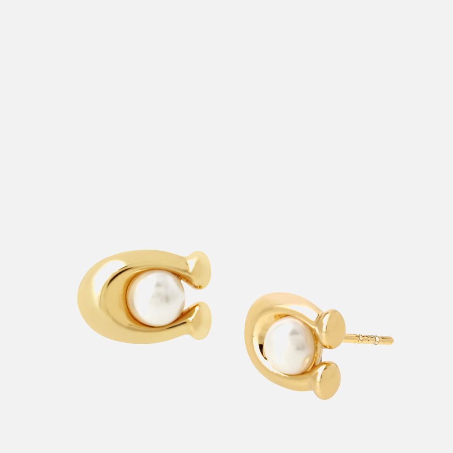 Coach Pearl Signature Gold-Tone Stud Earrings