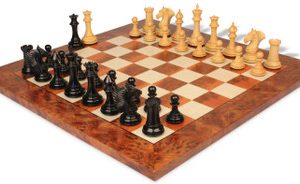 Copenhagen Staunton Chess Set in Ebony & Boxwood with Elm Burl & Erable Board - 4.5 King