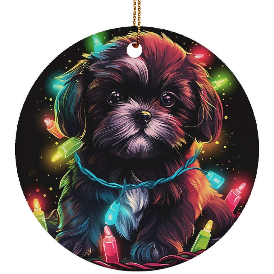 Cute Shih Tzu Puppy Dog Christmas 2024 Ornament Ceramic Xmas Gift Decor Hanging