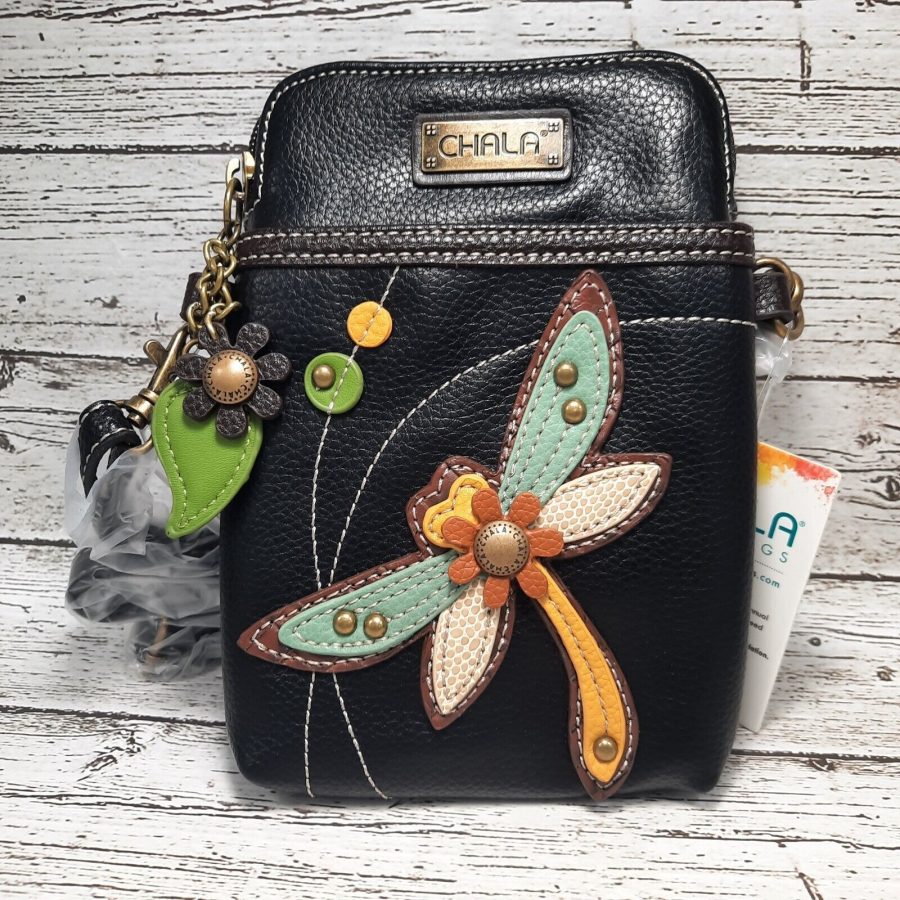 DRAGONFLY CELL PHONE CROSSBODY PURSE HANDBAG BLACK CHALA