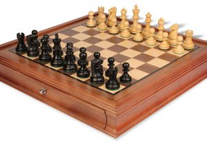 Deluxe Old Club Staunton Chess Set Ebonized & Boxwood Pieces with Walnut Chess Case - 3.25 King