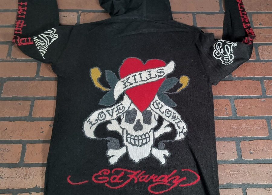 Ed Hardy Christian Audigier-Love Kills Slowly Nero con Zip Maglione ~ Vtg ~M-2XL