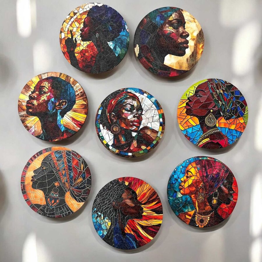 Elegant African American Women Art Wooden Coaster Set - 8 Pieces, Perfect for Dr