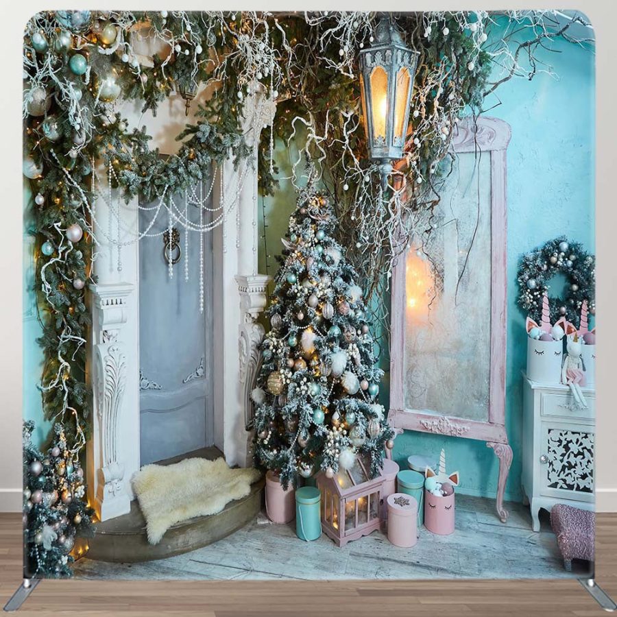 Enchanted Blue House Christmas Tension Fabric Backdrop - Aperturee