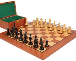 Fierce Knight Staunton Chess Set Ebonized & Boxwood Pieces with Classic Mahogany Board & Box - 4 King