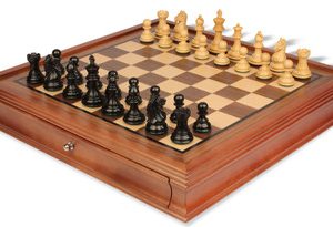 Fierce Knight Staunton Chess Set Ebonized & Boxwood Pieces with Walnut Chess Case - 3 King