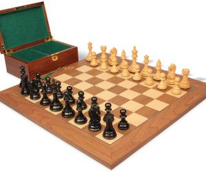 Fierce Knight Staunton Chess Set Ebonized & Boxwood Pieces with Walnut & Maple Deluxe Board & Box - 3.5 King
