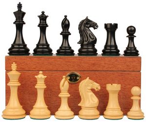 Fierce Knight Staunton Chess Set Ebony & Boxwood Pieces with Classic Mahogany Board & Box - 4 King
