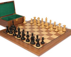 Fierce Knight Staunton Chess Set in Ebony & Boxwood Set with Classic Walnut Board & Box - 3 King