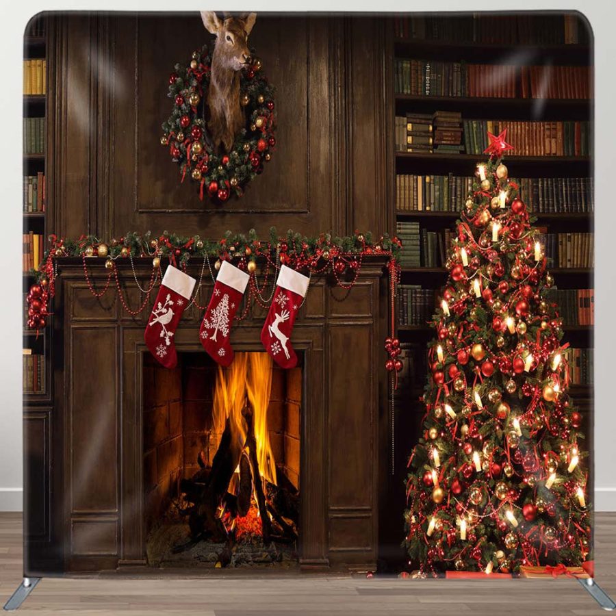 Fireplace Bookshelf Christmas Pillow Case Backdrop - Aperturee