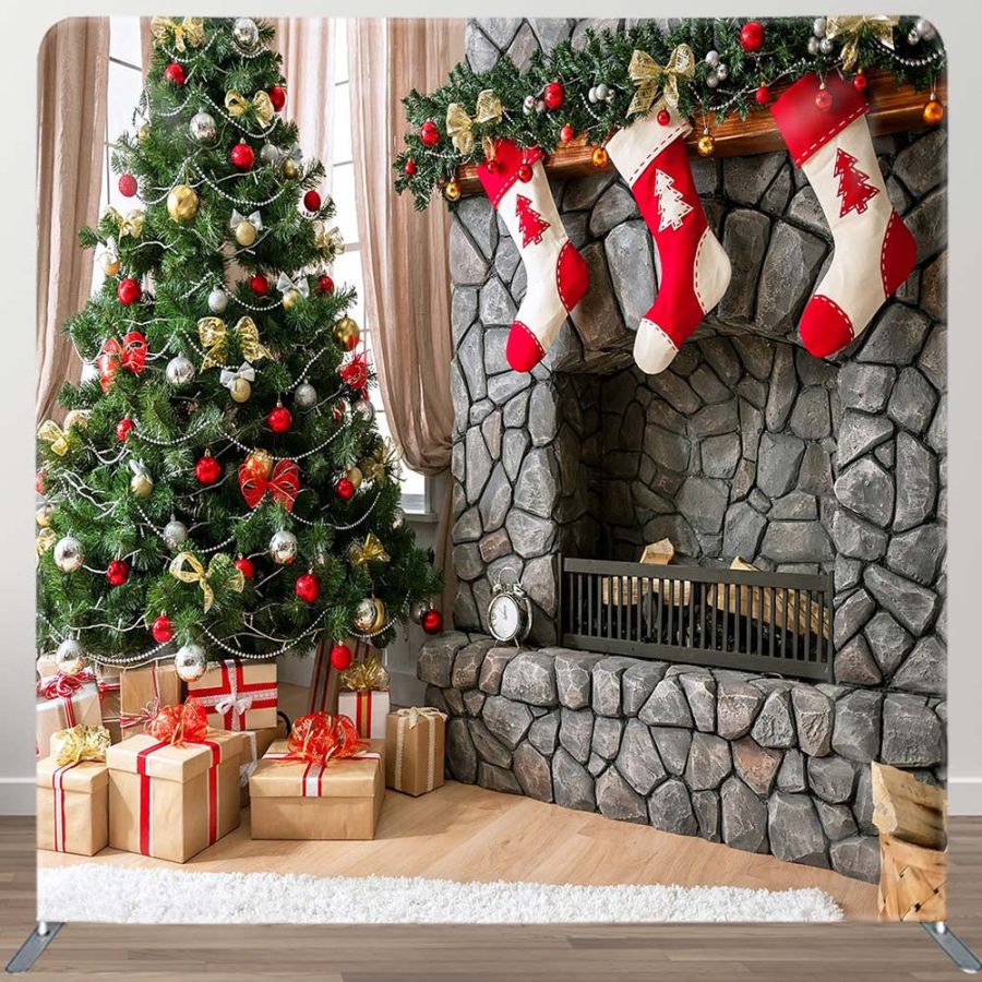 Fireplace Christmas Tree Square Pillow Case Backdrop - Aperturee