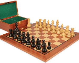 French Lardy Staunton Chess Set Ebonized & Boxwood Pieces with Classic Mahogany Board & Box - 3.25 King