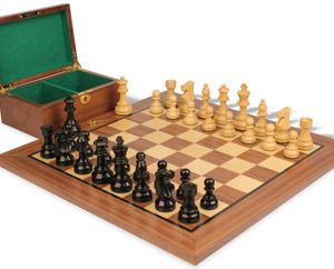 French Lardy Staunton Chess Set Ebonized & Boxwood Pieces with Classic Walnut Board & Box - 3.25 King
