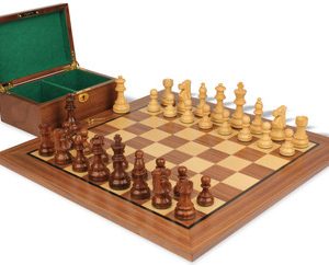 French Lardy Staunton Chess Set Golden Rosewood & Boxwood Pieces with Classic Walnut Board & Box - 3.25 King