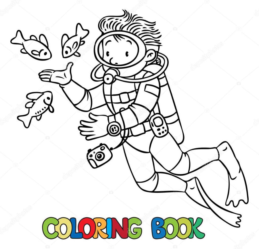 Funny oceanographer or diver. Coloring book