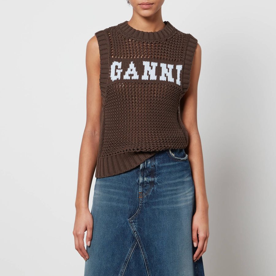 Ganni Logo Open-knit Cotton-Blend Vest - S