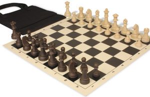 German Knight Easy-Carry Plastic Chess Set Wood Grain Pieces with Vinyl Rollup Board - Black