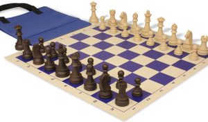 German Knight Easy-Carry Plastic Chess Set Wood Grain Pieces with Vinyl Rollup Board - Blue