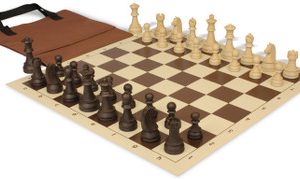 German Knight Easy-Carry Plastic Chess Set Wood Grain Pieces with Vinyl Rollup Board - Brown