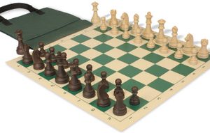 German Knight Easy-Carry Plastic Chess Set Wood Grain Pieces with Vinyl Rollup Board - Green