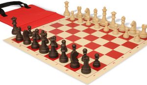 German Knight Easy-Carry Plastic Chess Set Wood Grain Pieces with Vinyl Rollup Board - Red