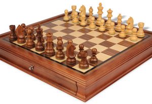 German Knight Staunton Chess Set Acacia & Boxwood Pieces with Walnut Chess Case - 3.75 King