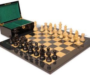 German Knight Staunton Chess Set Ebonized & Boxwood Pieces with Black & Ash Burl Board & Box - 3.75 King