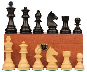 German Knight Staunton Chess Set Ebonized & Boxwood Pieces with Classic Mahogany Board & Box - 3.25 King