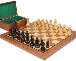 German Knight Staunton Chess Set Ebonized & Boxwood Pieces with Classic Walnut Board & Box - 3.25 King