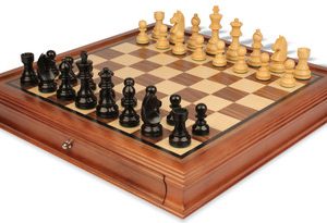German Knight Staunton Chess Set Ebonized & Boxwood Pieces with Walnut Chess Case - 3.75 King