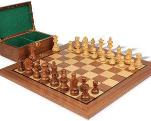 German Knight Staunton Chess Set Golden Rosewood & Boxwood Pieces with Classic Walnut Board & Box - 3.25 King