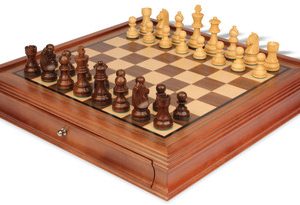 German Knight Staunton Chess Set Golden Rosewood & Boxwood Pieces with Walnut Chess Case - 3.25 King
