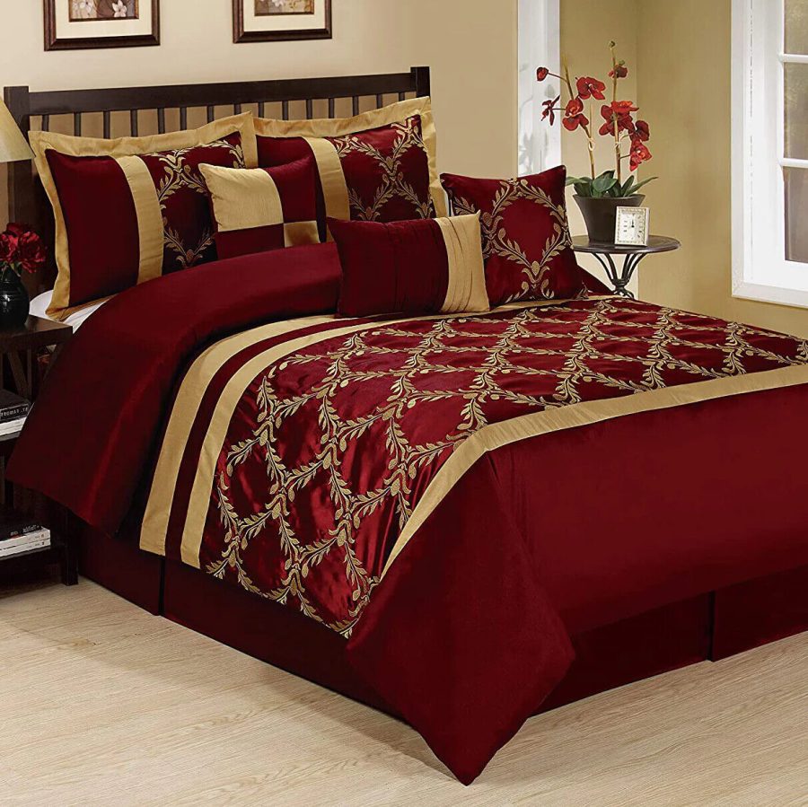 HIG 7 Pieces Comforter Set, Taffeta Fabric Embroidered Bed In A Bag - Queen King