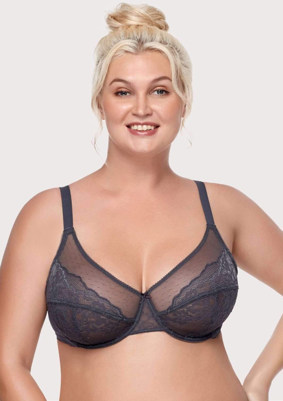 HSIA Enchante Full Coverage Minimizer Bra: Lace Underwire, Unlined Bra - Dark Gray / 42 / C