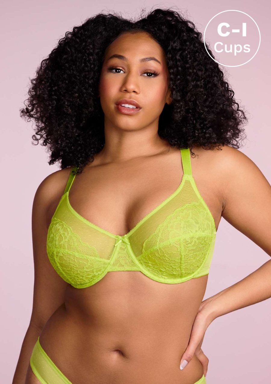 HSIA Enchante Lace Bra and Panties Set: Underwire Bra with No Padding - Lime Green / 34 / D