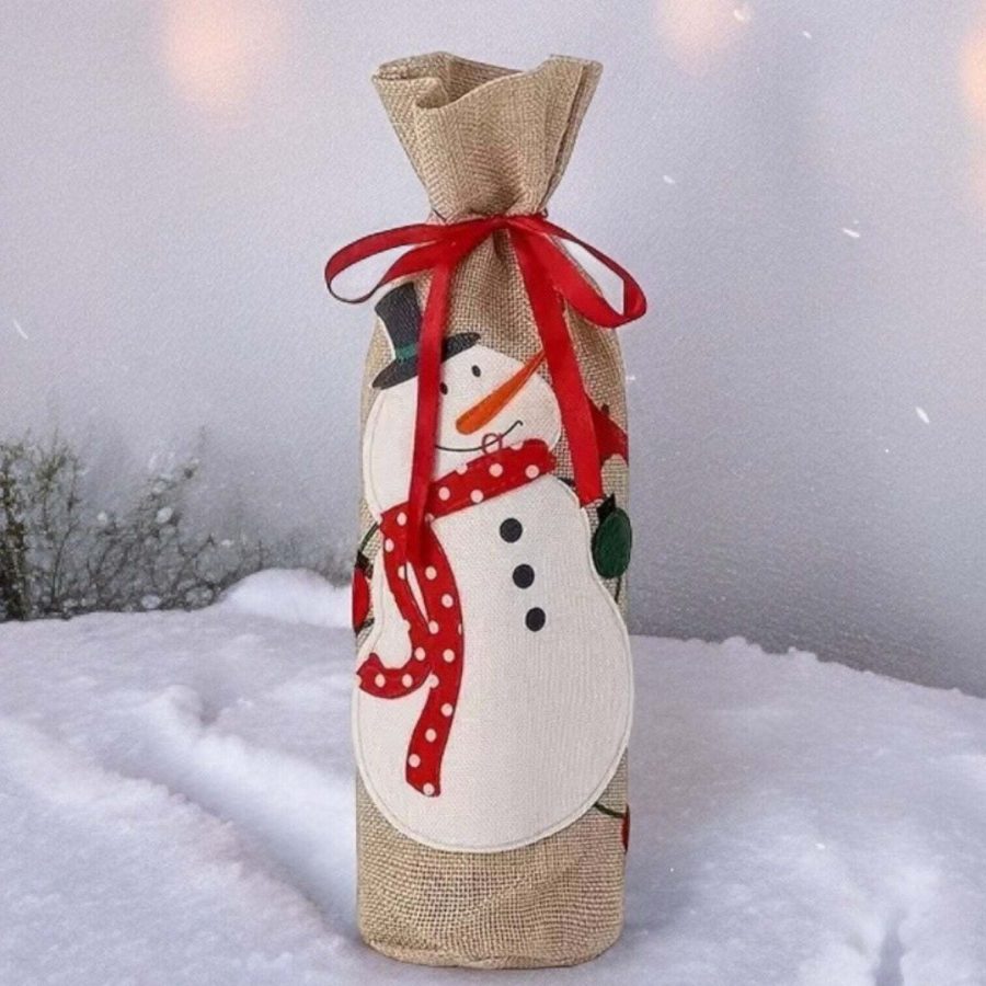 Holiday Snowman Burlap Wine Bottle Cover