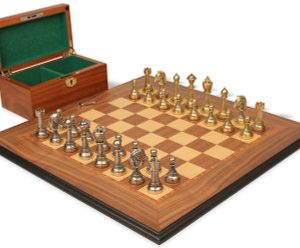 Italian Arabesque Staunton Metal Chess Set with Walnut Molded Board & Box