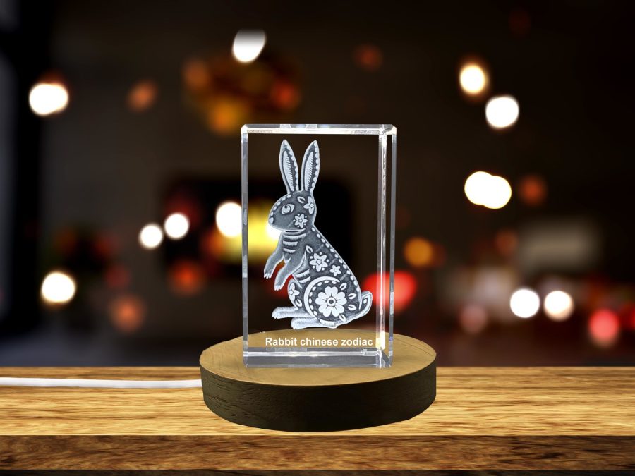 LED Base included | Lucky Rabbit Crystal Statue | 3D Engraved Zodiac Rabbit