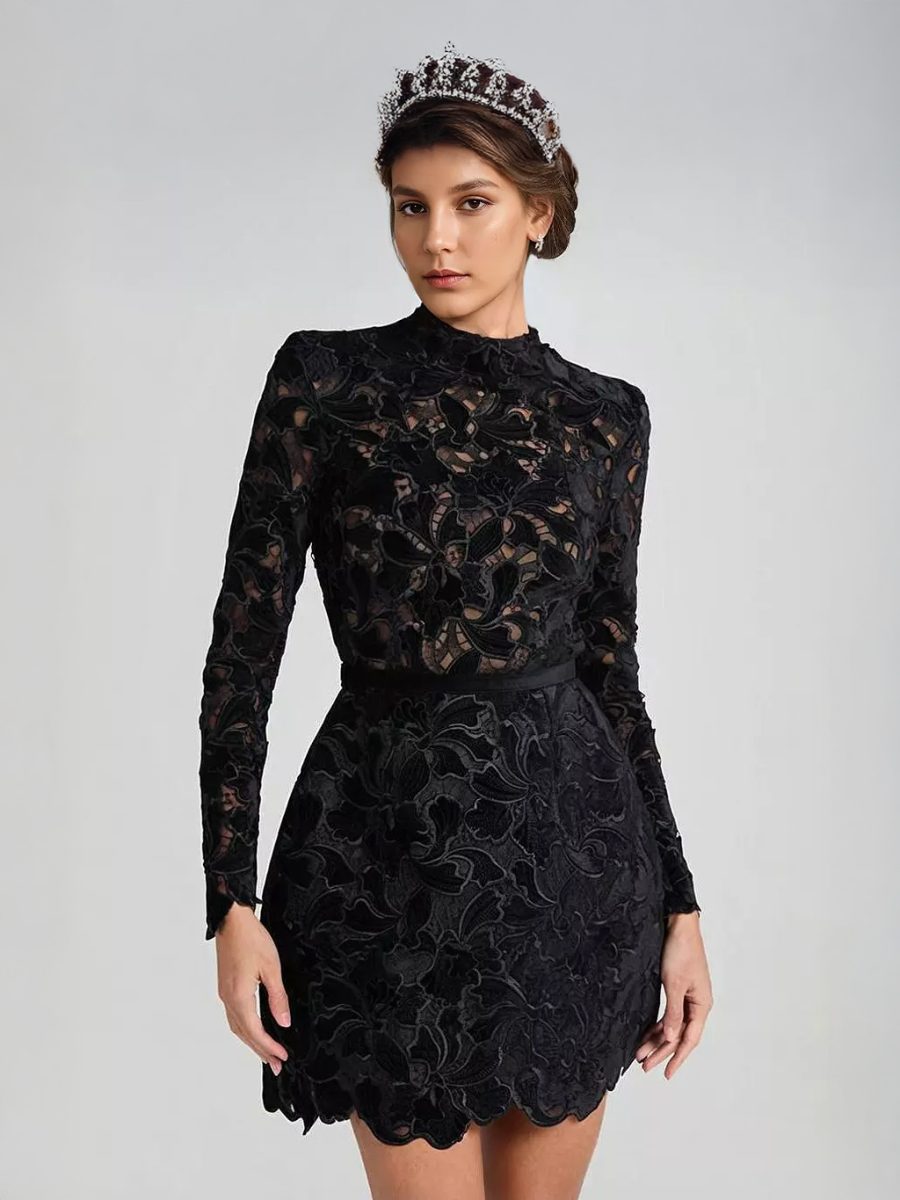 Lace Dress High Neck Long Sleeve Birthday Party Spring Mini Dress For Women 2025