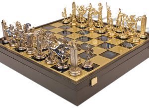 Large Poseidon Theme Chess Set Brass & Nickel Pieces with Blue Board on Case