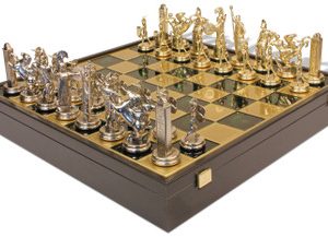 Large Poseidon Theme Chess Set Brass & Nickel Pieces with Green Board on Case