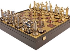 Large Poseidon Theme Chess Set Brass & Nickel Pieces with Red Board on Case