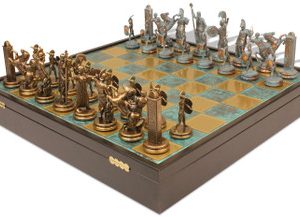 Large Poseidon Theme Chess Set Bronze & Blue Copper Pieces Turquoise Board on Case