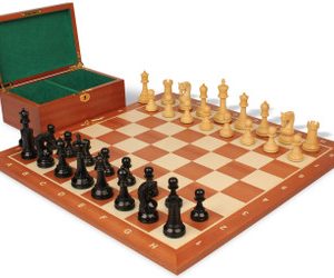 Leningrad Staunton Chess Set Ebonized & Boxwood Pieces with Sunrise Mahogany Notated Board & Box - 4 King