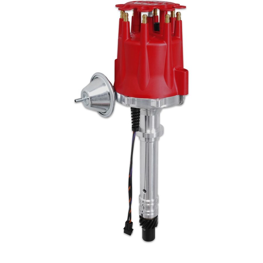 MSD 8361 DIST CHV V8 BLT W/VAC ADV, For Use With Chevy V8 Engines; Without Ignition Control Module; Magnetic Trigger; Vacuum and Mechanical Advance; With Iron Gear; Red Cap With HEI/Male Posts; Red Cap