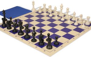 Master Series Classroom Plastic Chess Set Black & Ivory Pieces with Vinyl Rollup Board - Blue