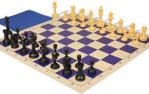 Master Series Classroom Triple Weighted Plastic Chess Set Black & Camel Pieces with Vinyl Rollup Board - Blue